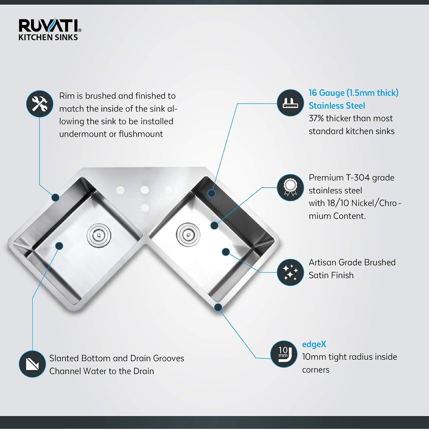Ruvati Undermount Corner Butterfly Kitchen Sink 16 Gauge 44 inch Double Bowl Stainless Steel - RVH8400