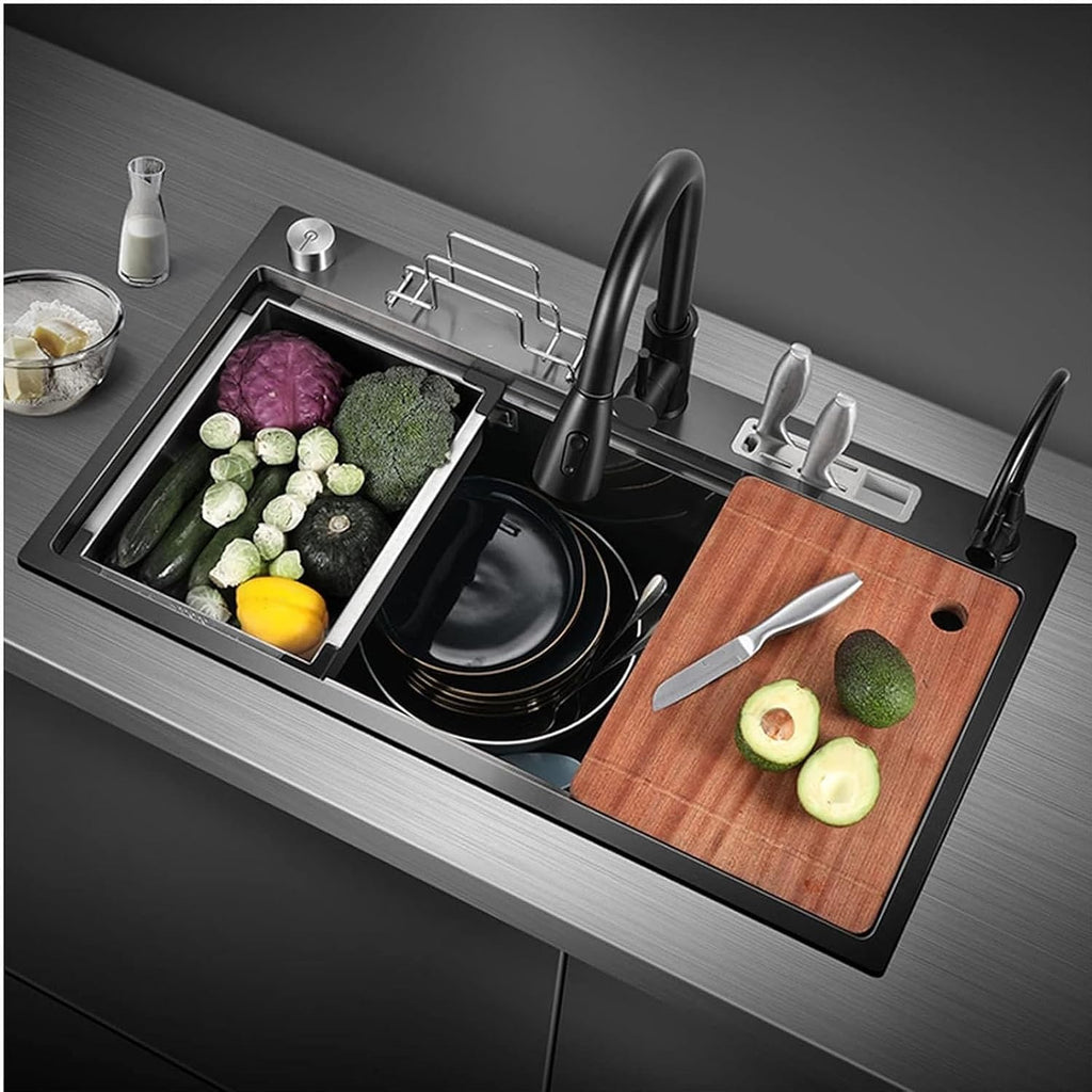 Nano Multi-Functional Step Sink 304 Stainless Steel Single Bowl Kitchen Sink Bar Sink with Pull-Out Faucet Top Mount Or Undermount (Color : Black, Size : 80x45x24cm) (Black 70x45x24cm)