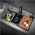 Nano Multi-Functional Step Sink 304 Stainless Steel Single Bowl Kitchen Sink Bar Sink with Pull-Out Faucet Top Mount Or Undermount (Color : Black, Size : 80x45x24cm) (Black 70x45x24cm)