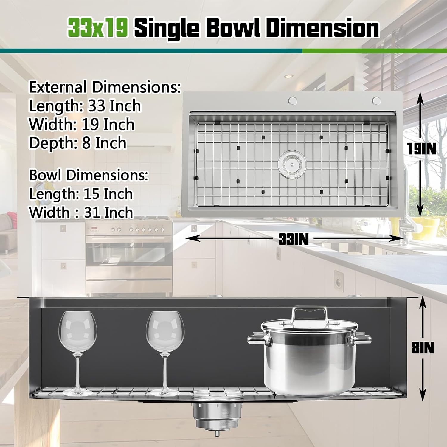 Kitchen Sink Workstation, 33x19 In Stainless Steel Drop In Modern Large Single Bowl Workstation Sink Gift Combo-SS Grid,Drying Rack,SS Colander,Cutting Board,Drain Assembly For Various Kitchen Style