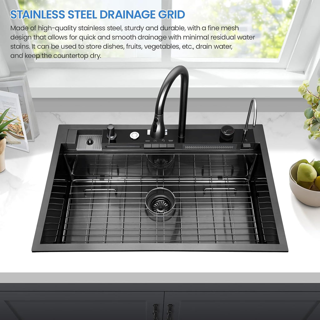 33x22 Inch Smart Waterfal Kitchen Sink Workstation, Gunmetal Black Drop-In Sink Handmade 16 Gauge Stainless Steel Single Bowl