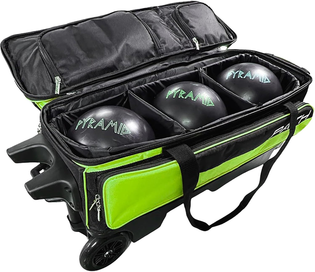 Pyramid Path Triple Premium Deluxe Roller Bowling Bag With Extra Large Separate Shoe Compartment (Up To US Mens Size 16) and 5 Accessory Pockets, 5' Wheels, Retractable Locking Handle - Extends to 42'