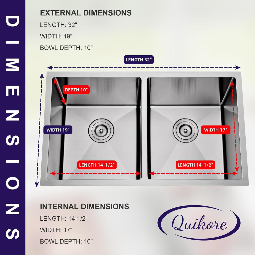 32 Inch Double Bowl Kitchen Sink 16 Gauge Stainless Steel Undermount Kitchen Sink 50/50 Deep Rectangular Sinks with Accessories 32' x 19' x 10'