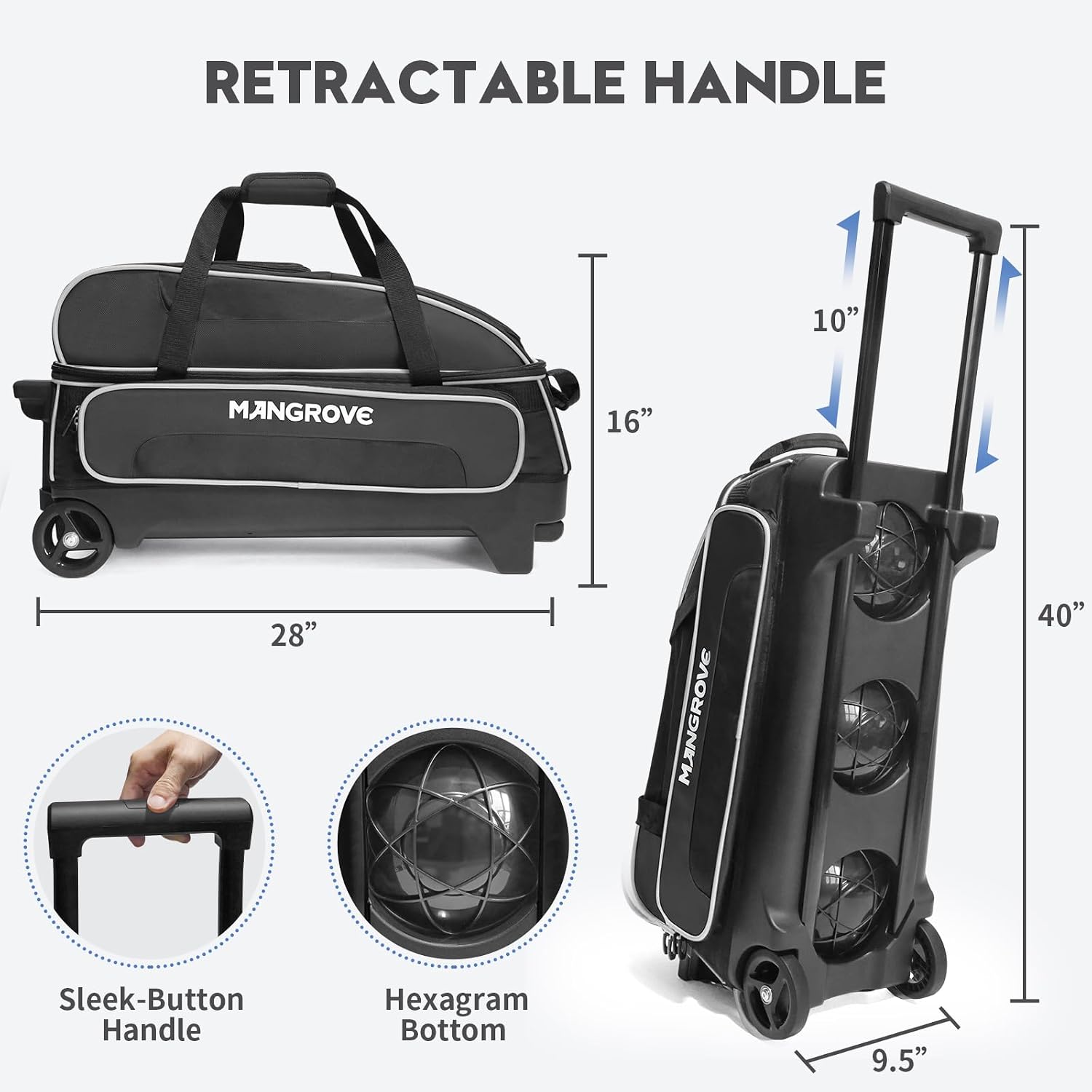 Mangrove 3 Ball Bowling Bag with Wheels & Shoe Compartment, Deluxe Bowling Ball Bag 3 Ball Roller, Rolling Triple-Ball Bag w/Accessory Pocket & Retractable Handle Extends to 40''