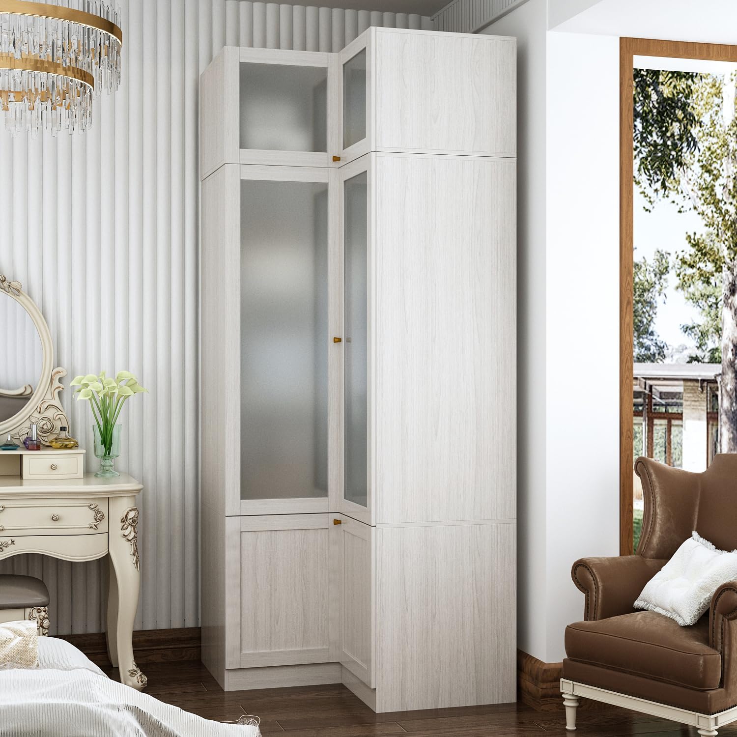 MOUMON Tall Corner Wardrobe, L-Shaped Modern Bedroom Armoires with Frosted Glass Doors and Hanging Rod, Corner Armoire Closet for Clothes Storage, Wood Grain 35.4' W x 35.4' D x 86.6' H