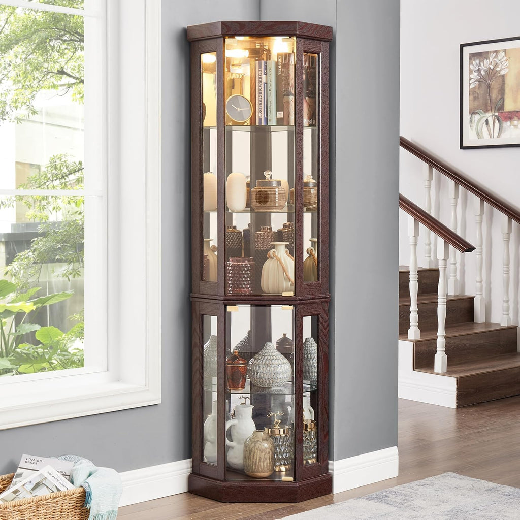 69' H Lighted Corner Curio Cabinet, 5-Tier Curio Glass Display Cabinet with Door & Adjustable Glass Shelves, Wooden Display Showcase Corner Storage Cabinet for Living Room (Dark Cherry)