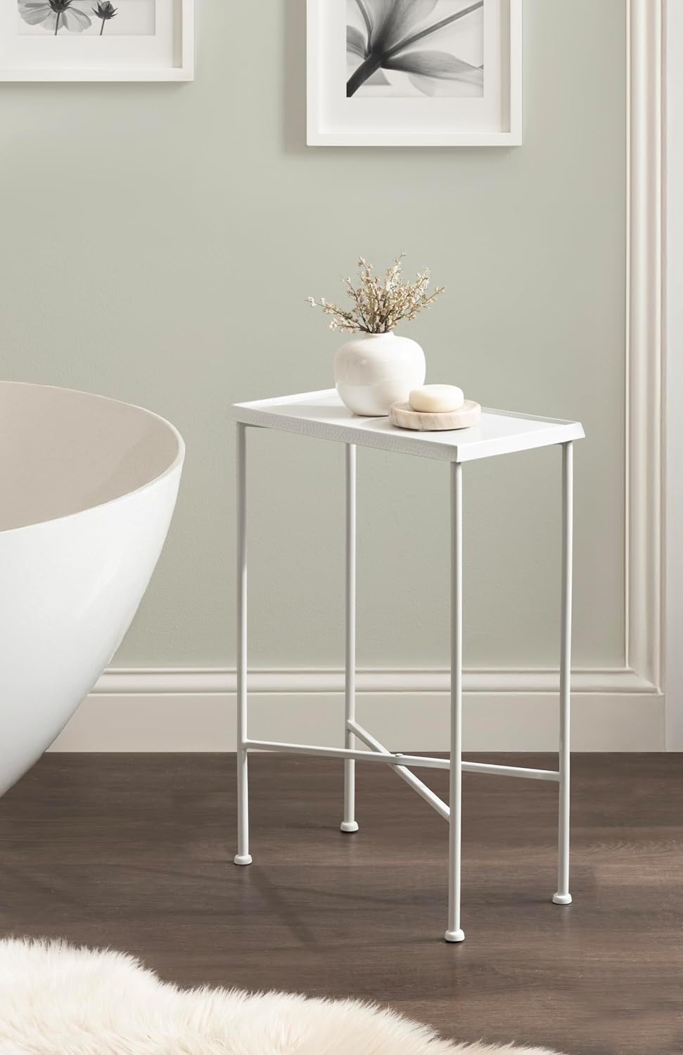 Kate and Laurel Sanzo Transitional Metal Skinny Side Table, 17 x 9 x 24, White, Rectangular Slim Bedroom Nightstand with Hammered Tabletop for Use as Bedside Accent or Living Room End Table