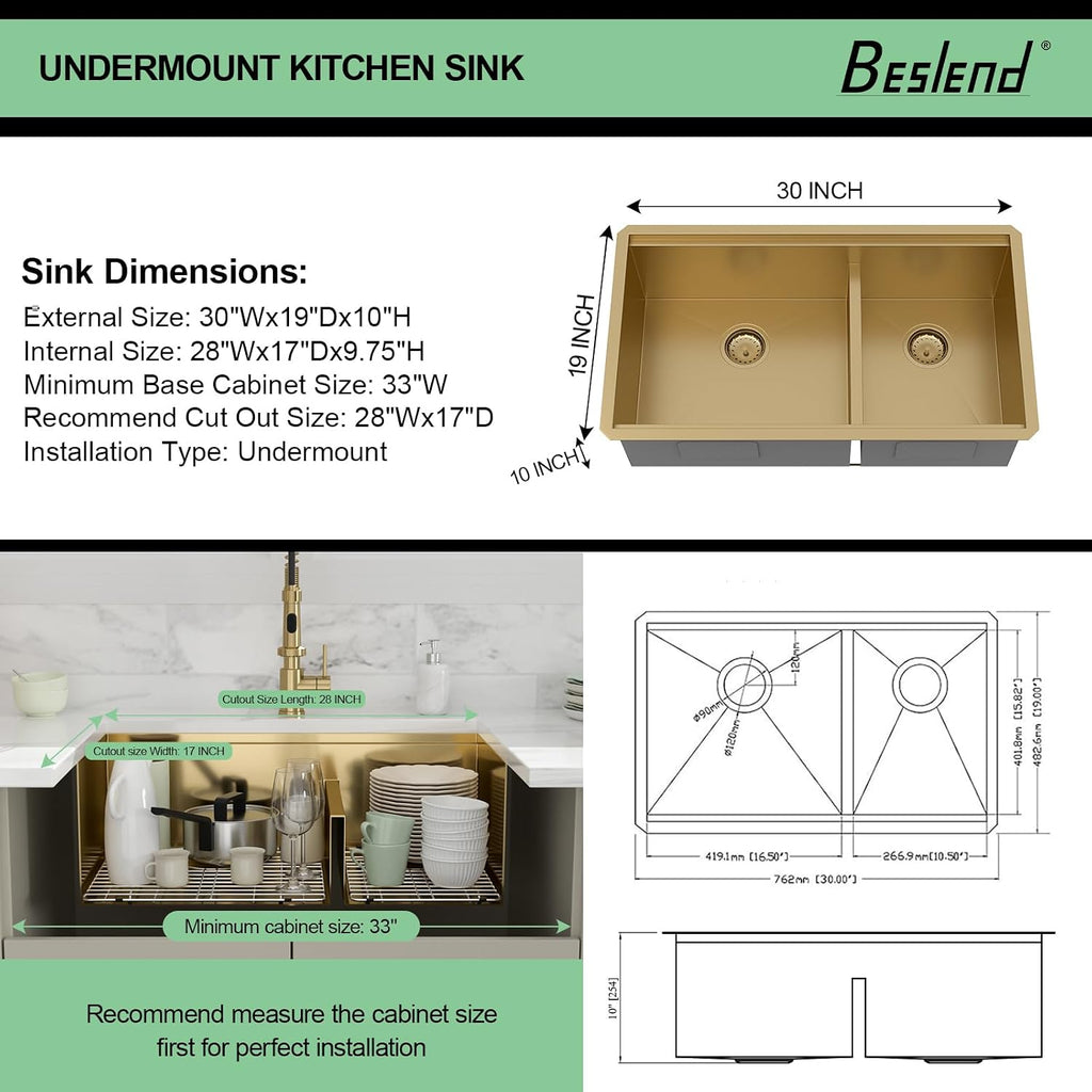 30 Gold Undermount Kitchen Sink - Beslend 30x19 Gold Double Bowl Kitchen Sinks Workstation 16 Gauge Stainless Steel Golden Sink Low Divide Double Basin 60/40