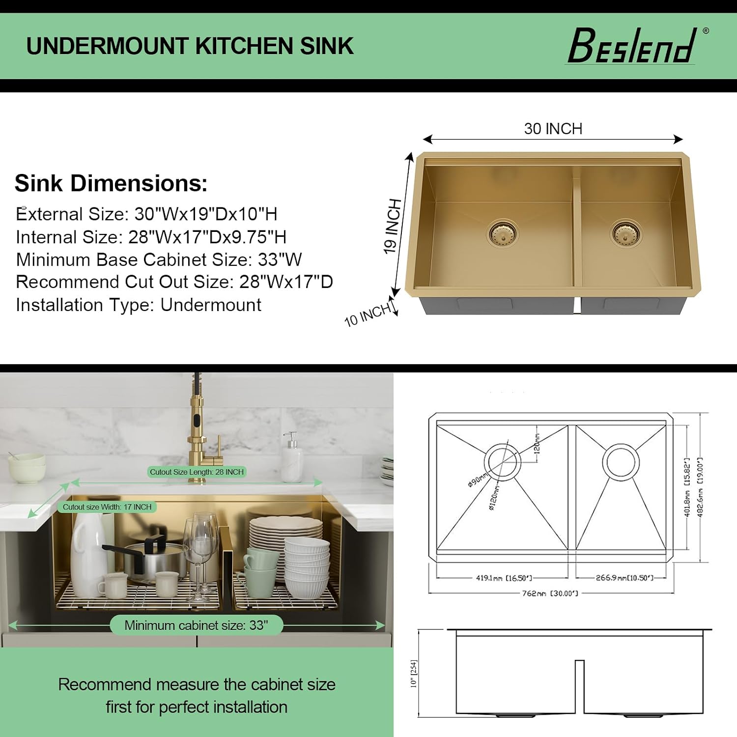 30 Gold Undermount Kitchen Sink - Beslend 30x19 Gold Double Bowl Kitchen Sinks Workstation 16 Gauge Stainless Steel Golden Sink Low Divide Double Basin 60/40