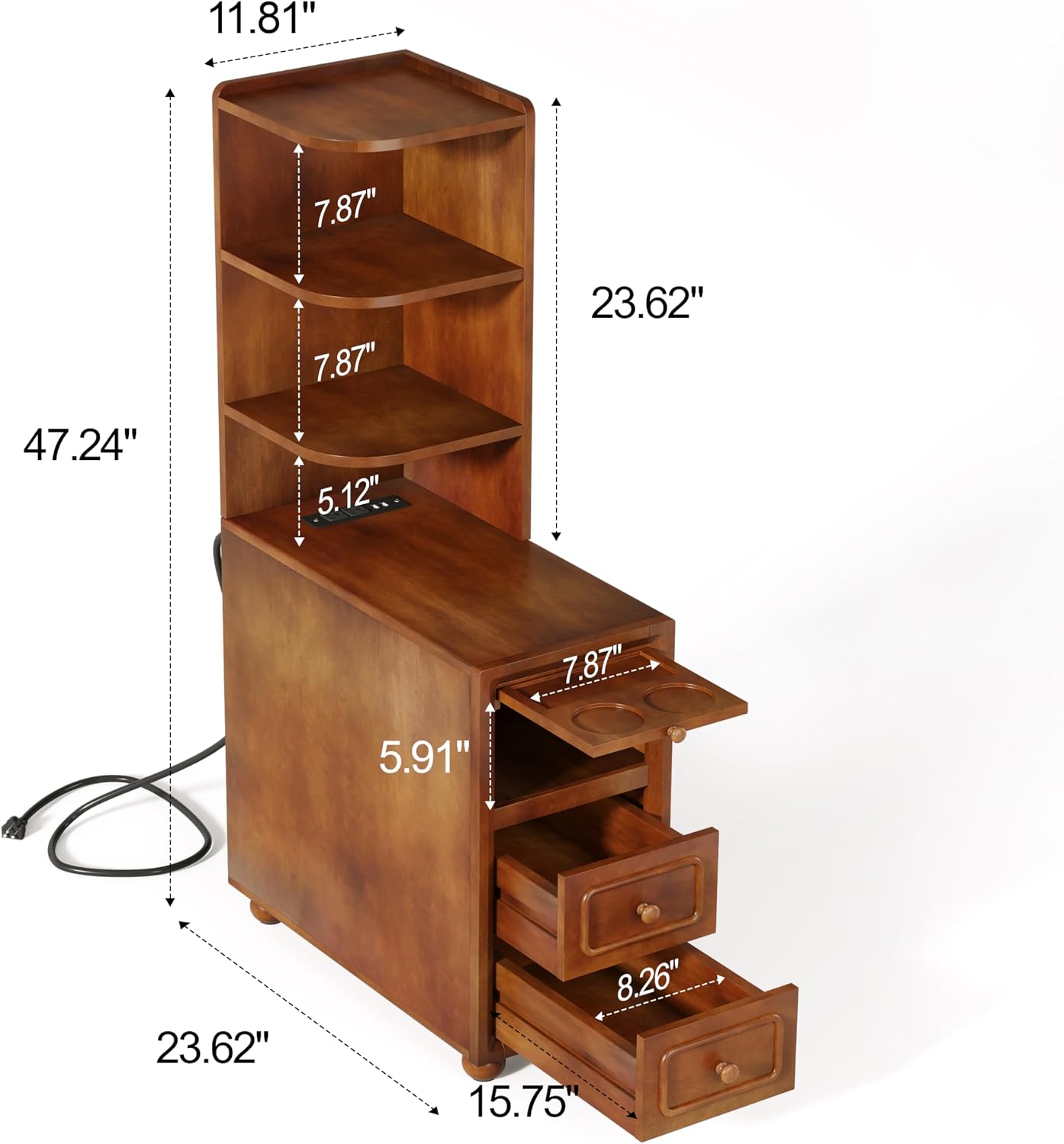 Solid Wood End Table with Charging Station and Reversible Corner Shelves, Tall Narrow Side Table with Drawers, USB Ports and Outlets for Living Room and Bedroom, Walnut