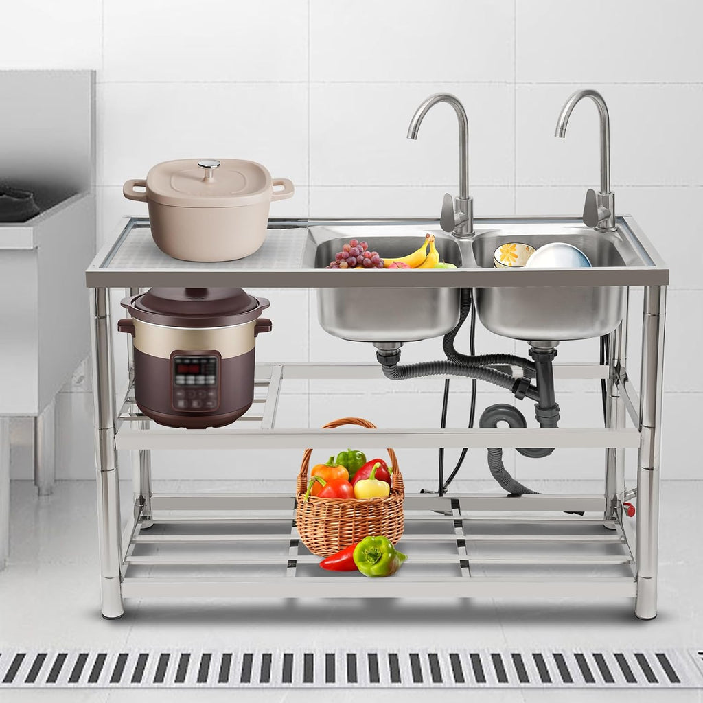 Free Standing Commercial Kitchen Sink Stainless Steel, Double Bowl Utility Sink with 2 360° Rotatable Faucet and Water Pipes Restaurant Outdoor Utility Sink Right Dual-Bowl (47x17.7x31.5in-B)