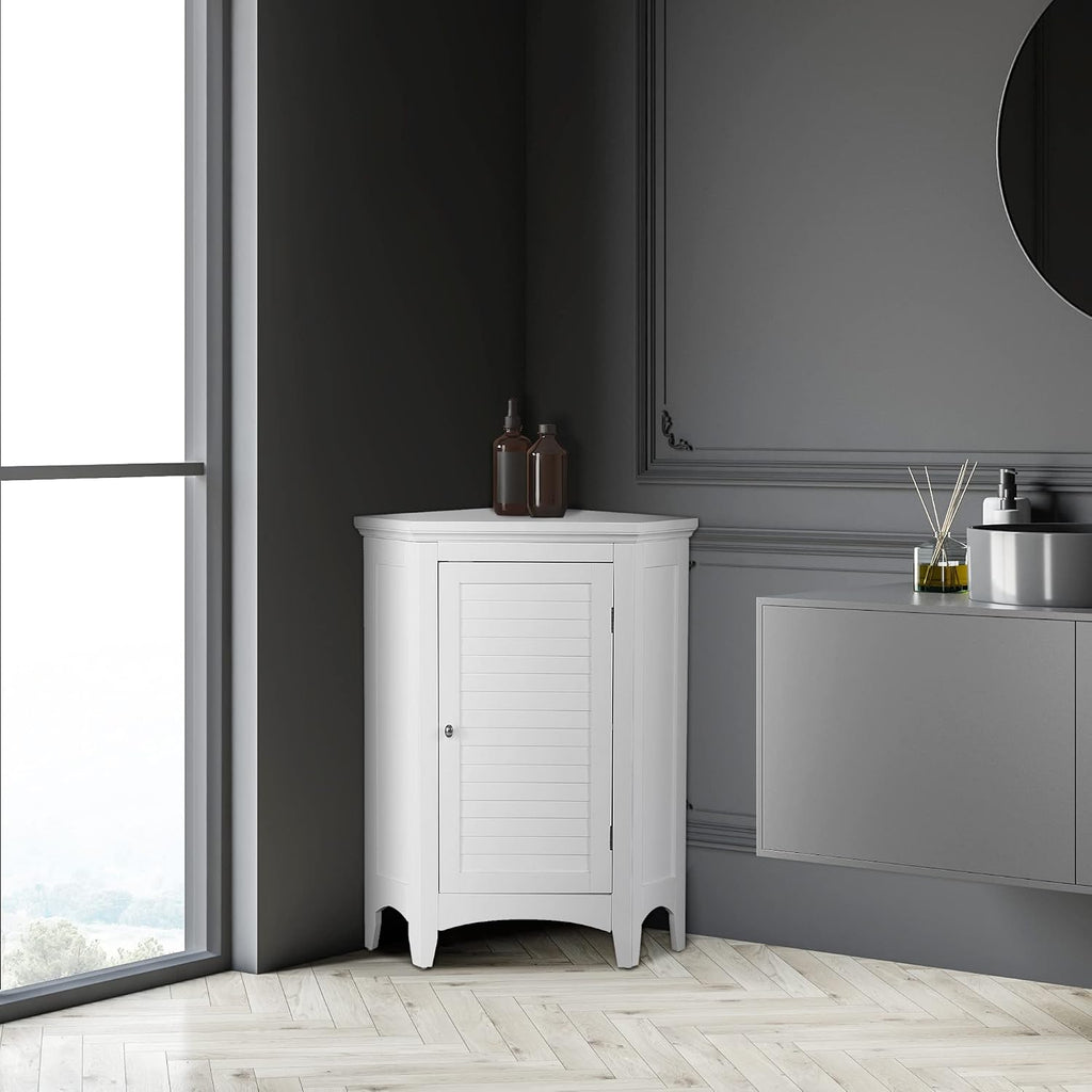 Teamson Home Glancy Freestanding Corner Floor Cabinet with Faux Louvered Door, White | Wooden, Faux Louvered Door, 2 Adjustable Tier Storage, For Bathroom Living Room