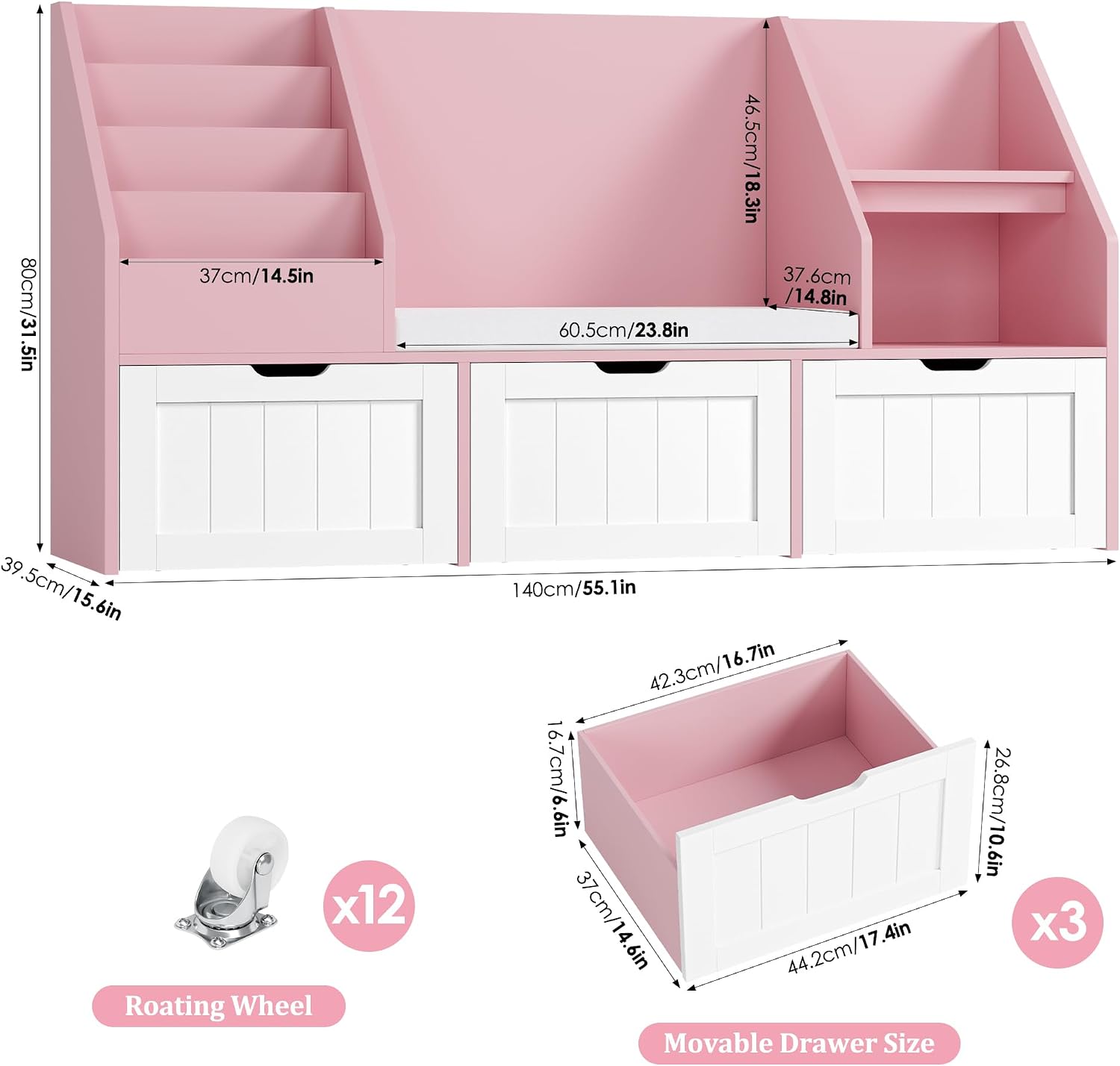 FOTOSOK 55.1'' Kids Bookshelf with Reading Nook, Toy Storage Organizer with Seat Cushion and 3 Movable Drawers, Kids Reading Nook Toy Organizers and Storage with Bench for Playroom, Bedroom, Pink