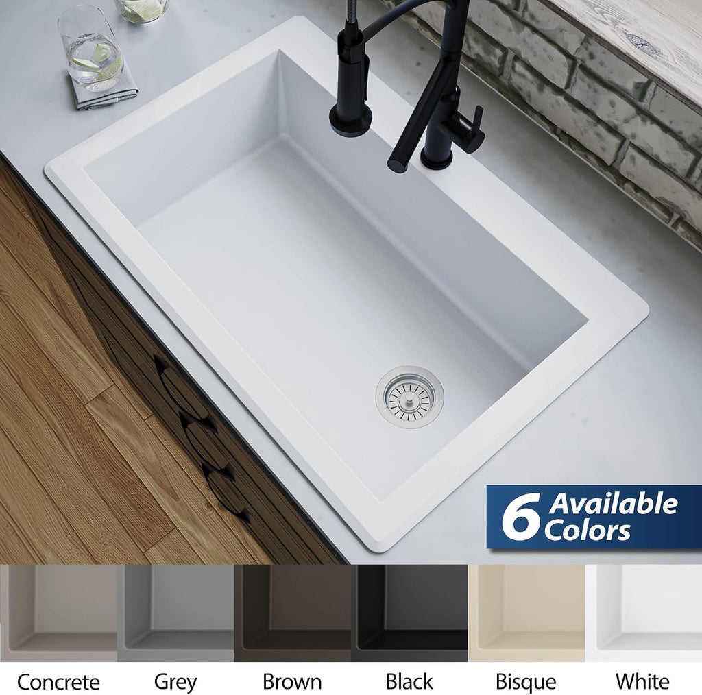 Karran QT-670 Drop-In/Top Mount 33' Single Bowl Granite Quartz Composite Kitchen Sink in White – Right Side Drain, Extra Deep 9' Basin, Heat & Scratch Resistant, Sound Dampening