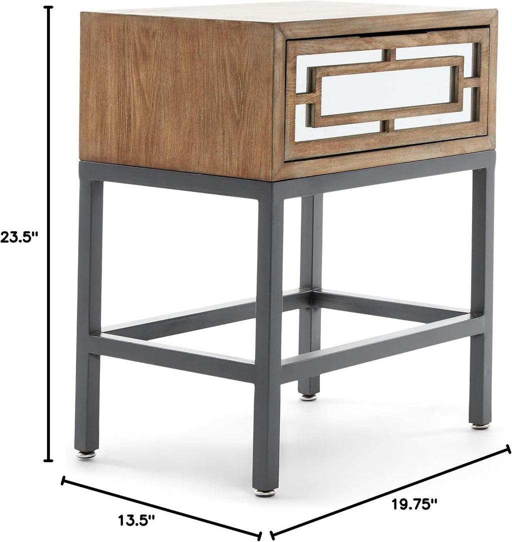 Tommy Hilfiger Hayworth Side Table, Mirrored Storage Drawer with Wood Overlay, Wooden Frame, Metal Base, Ideal in Small Spaces, EndTable, BedsideTable, Nightstand for Living Room or Bedroom, Ash Gray