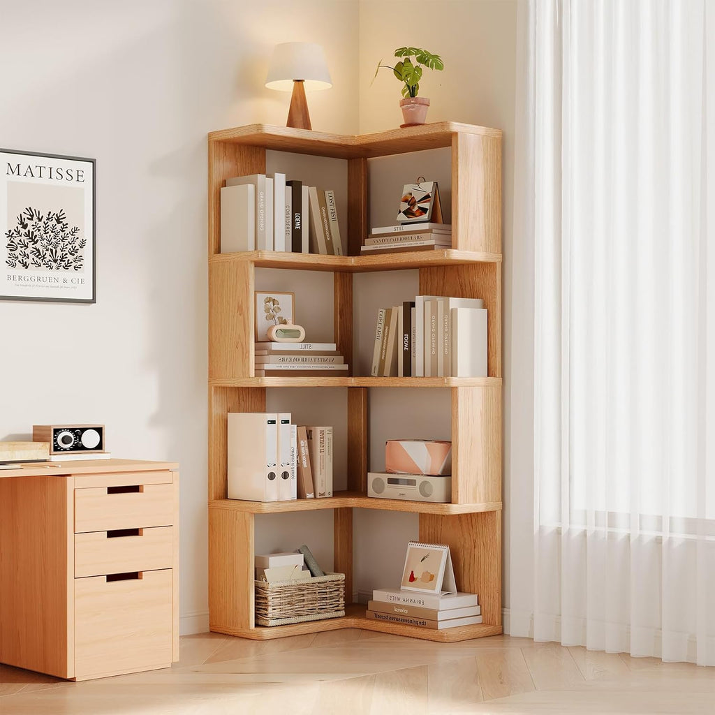 4-Tiers Corner Bookshelf with Storage, Modern Geometric Bookcase, L-Shaped Book case estantes,Wooden Storage Shelves,for Home Office, Living Room, Bedroom (4-Tier)
