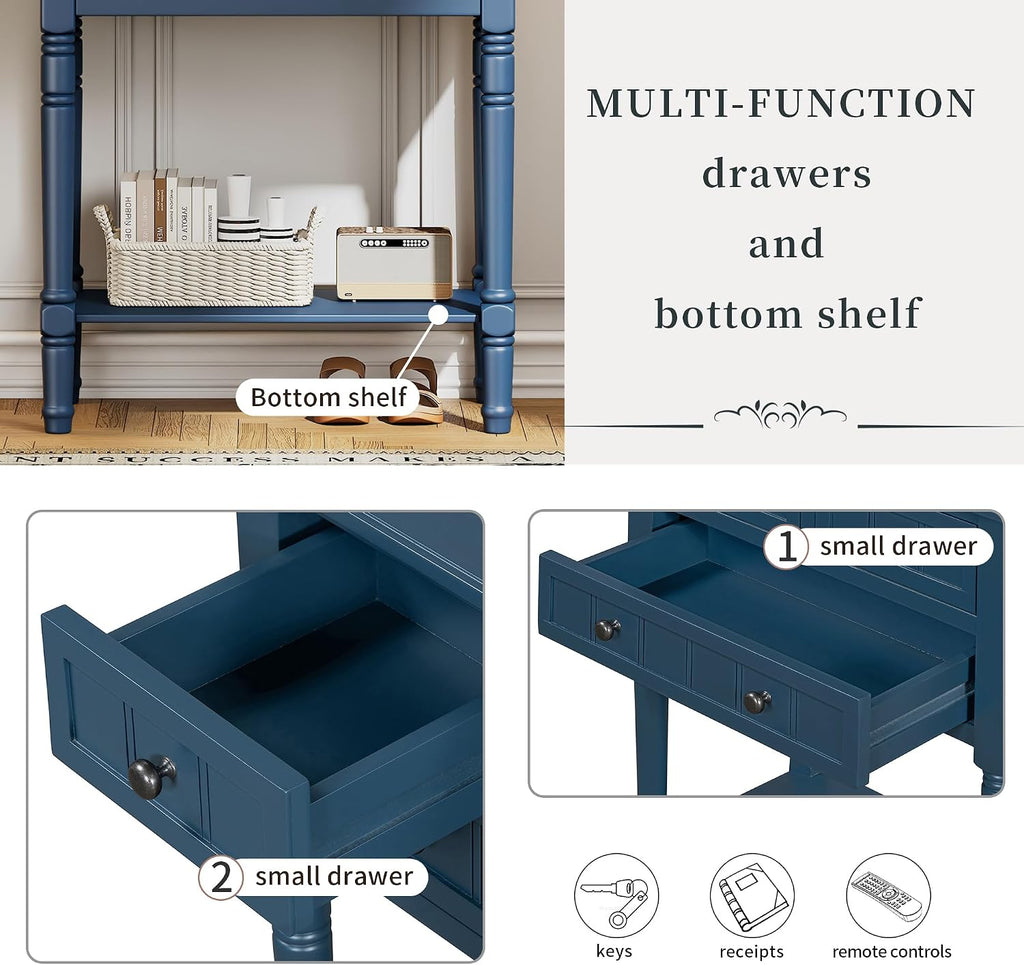 Knocbel Slim Antique Entry Console Table with 3 Drawers & Bottom Open Shelf, Solid Wood Narrow Sofa Couch Table for Entryway Hallway Living Room 23.7' W x 13' D x 31.4' H Navy Blue