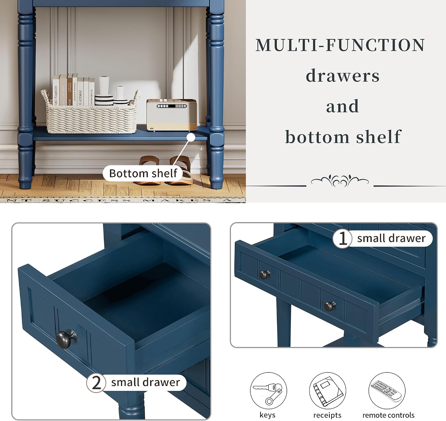 P PURLOVE Antique Narrow Console Table,Slim Sofa Entry Table with 3 Storage Drawer for Living Room,Entryway