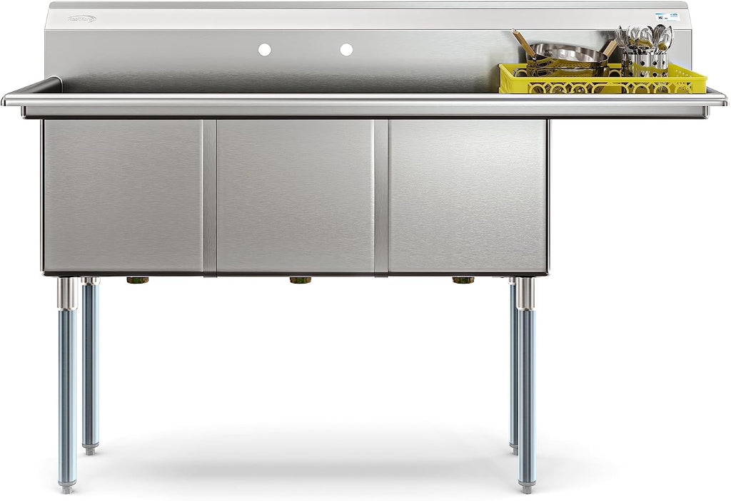 KoolMore 63 in. Three Compartment 16-Gauge Stainless-Steel NSF Commercial Kitchen Sink, Bowl Size 15x15x14, with Three Basins for Restaurants and Cafes with Right Drainboard (KM-SC151514-15R316)