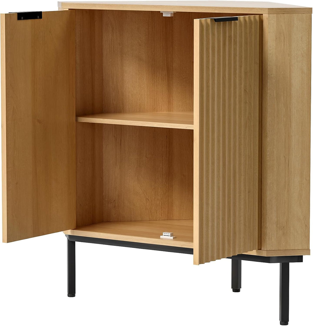 EYYTHUNG Fluted Corner Cabinet, Modern Small Corner Floor Cabinet with 2 Doors and 2-Tier Shelves, Freestanding Narrow Organizer for Living Room Kitchen Bathroom, Natural Oak