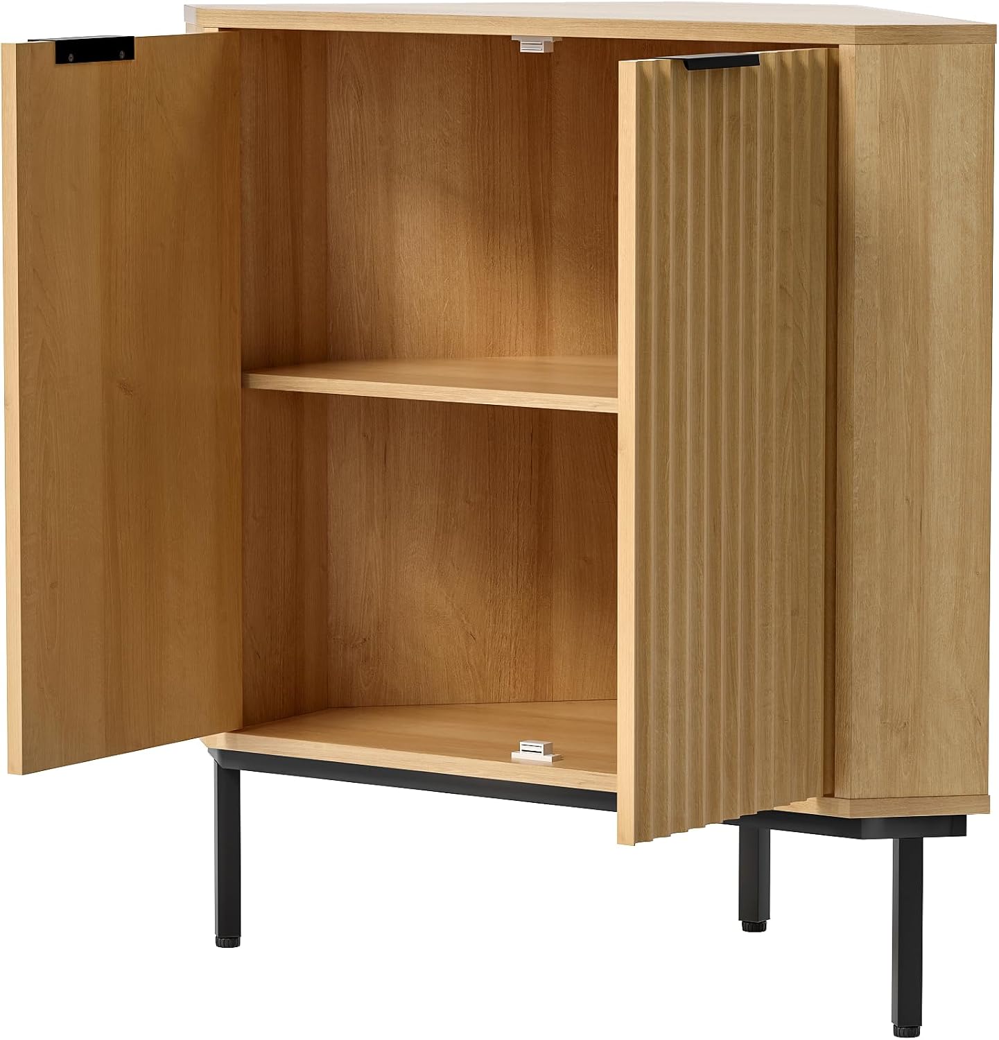 EYYTHUNG Fluted Corner Cabinet, Modern Small Corner Floor Cabinet with 2 Doors and 2-Tier Shelves, Freestanding Narrow Organizer for Living Room Kitchen Bathroom, Natural Oak
