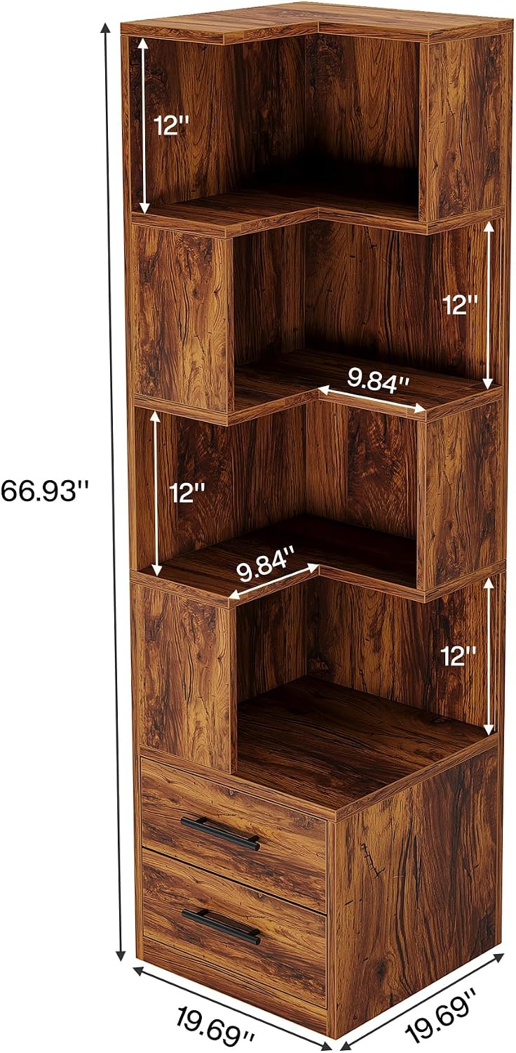 Tribesigns 5-Tier Corner Bookshelf with 2 Drawers, 66.9-Inch Tall Corner Bookcase Shelf, Mid-Century Modern Corner Storage Cabinet Display Rack Shelf for Living Room, Home Office (Rustic Brown)