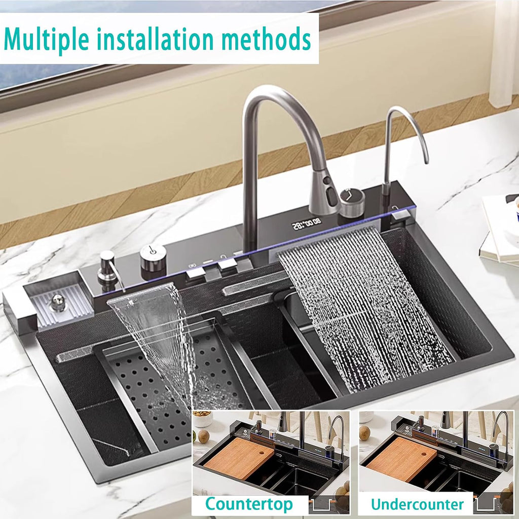 Sinks Undermount or Countertop Single Bowl Stainless Steel Kitchen Sink with Drain basket, cutting board, vegetable sink, multi-function pull-out faucet set (Black, 26.7x18x9 Inch)