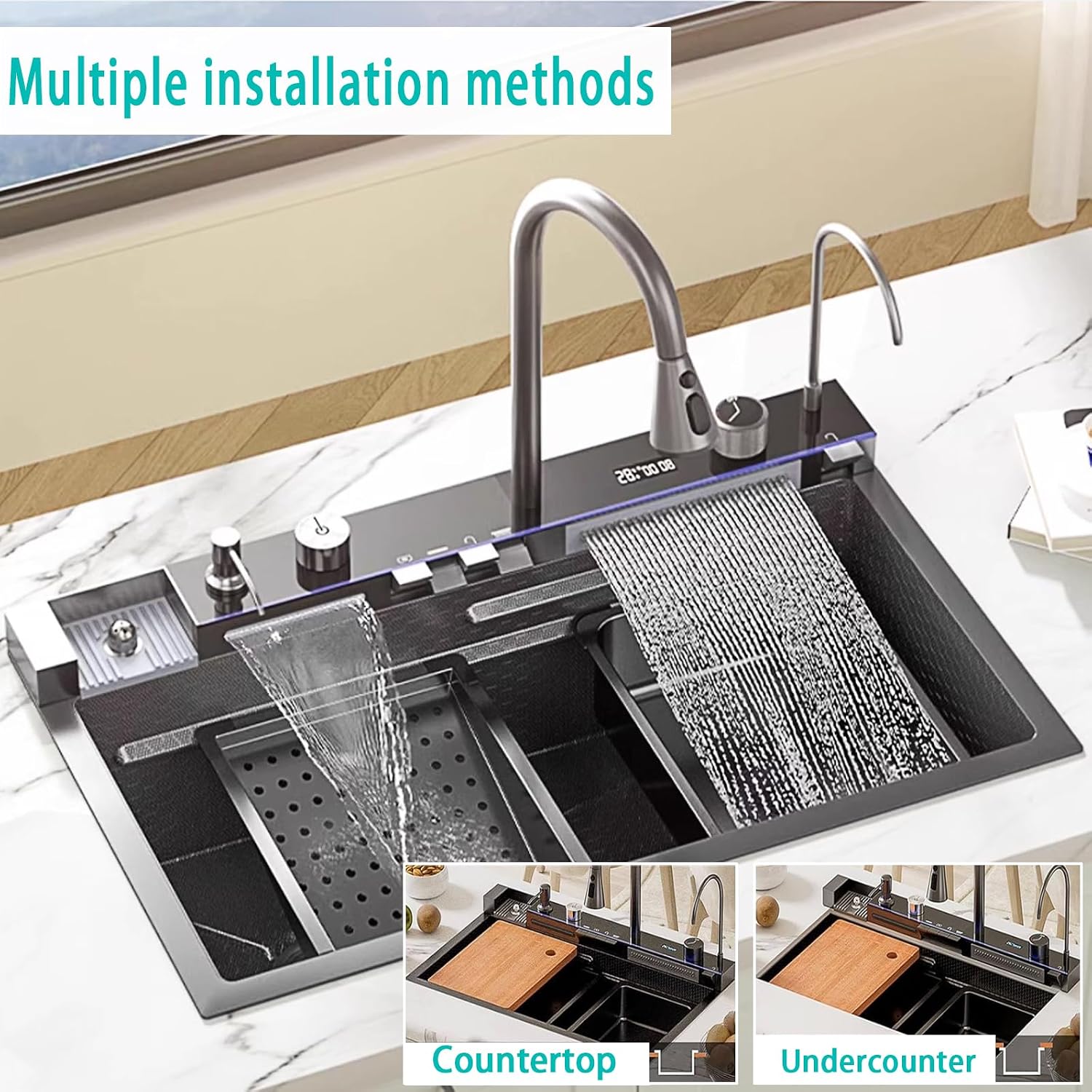 Sinks Undermount or Countertop Single Bowl Stainless Steel Kitchen Sink with Drain basket, cutting board, vegetable sink, multi-function pull-out faucet set (Black, 31.5x18x9 Inch)