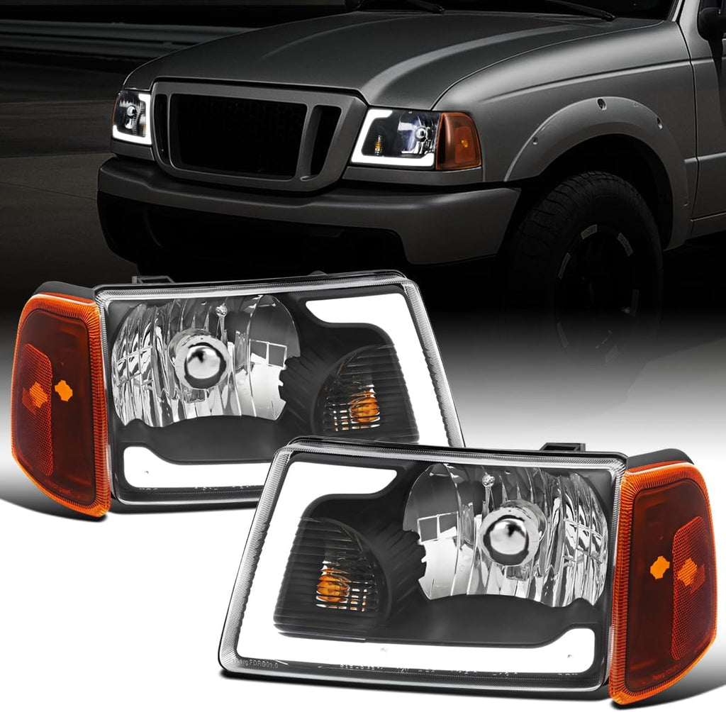 Ronnin - Fits 2001-2011 Ford Ranger Upgraded LED Running Tube Lights Headlights + Amber Corner Lamps Replacement Assembly Pair | Black