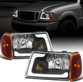 Ronnin - Fits 2001-2011 Ford Ranger Upgraded LED Running Tube Lights Headlights + Amber Corner Lamps Replacement Assembly Pair | Black