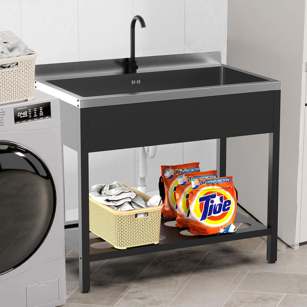 ROVSUN Black Electroplated Stainless Steel Utility Sink with Towel Rack and Storage Shelf, 23.2'D x 41.7'W x 38.9'H, Freestanding Laundry & Prep Sink for Home, Restaurant, Garage, and Outdoor Use