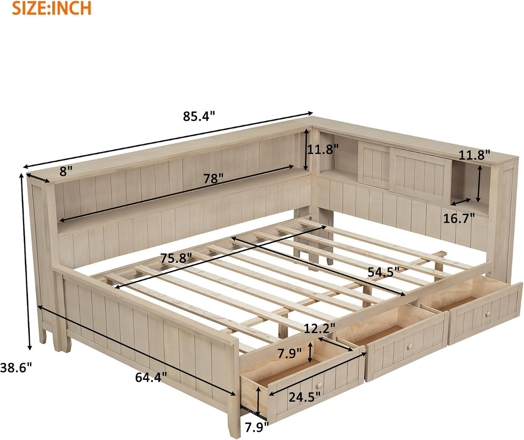 Merax Full Daybed with Headboard and Drawers, Full Size Corner Bed Frame with Storage Shelves for Bedroom, Wood Full Size Bed Frame with Storage for Kids Teens, Apricot White