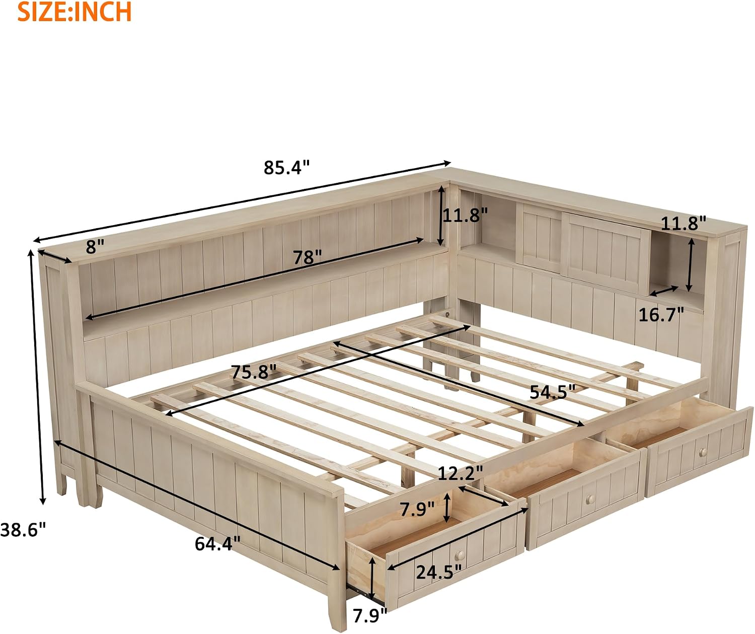 Merax Full Daybed with Headboard and Drawers, Full Size Corner Bed Frame with Storage Shelves for Bedroom, Wood Full Size Bed Frame with Storage for Kids Teens, Apricot White