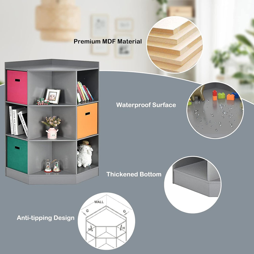 Costzon 9-Cubby Kids Bookcase with Extra Large Storage Baskets, Multi-Bin Children's Organizer Shelf with 6 Cubes and 3 Shelves, Wooden Storage Sideboard Suitable for Playroom, Decor Room (Gray)