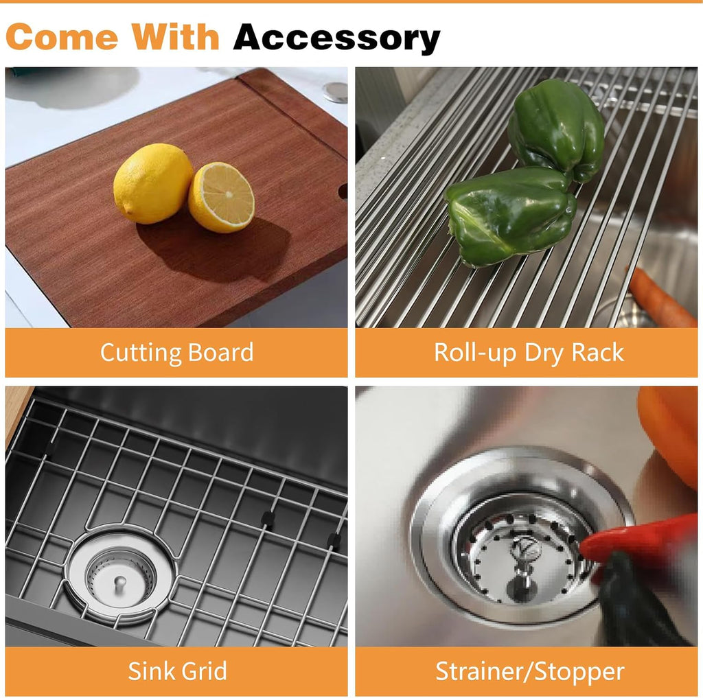 Black 33'x19' Kitchen Sink Workstation - 50/50 Double Bowl Stainless Steel Undermount Kitchen Sink Built-in Ledge Drop In Workstation Sink For Placing/Sliding Accessories-Cutting Board,Drying Rack