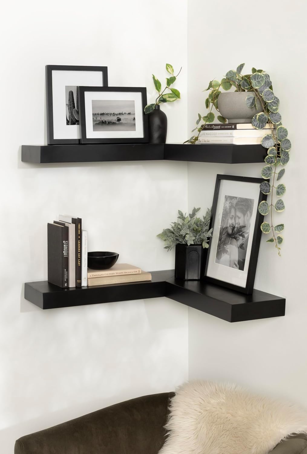 Kate and Laurel Havlock Modern Wood Two-Piece Floating Corner Shelf Set, 26 x 8 x 3, Black, Wooden Corner Shelving with Unique Geometric Shape for Living Room Decor or Entryway Storage