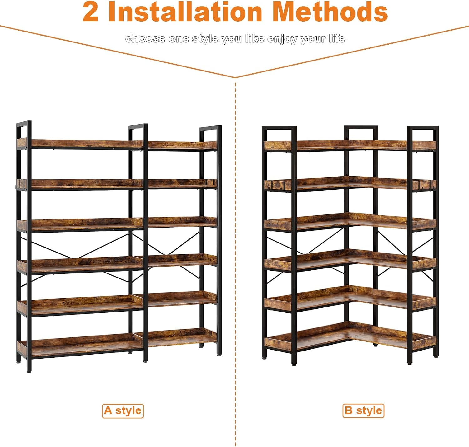 KOUSEI 6-Tier L-Shaped Reversible Corner Bookshelf, 69' Rustic Brown Industrial Wood & Metal Bookcase, Wide Open Shelves + 4 Hooks for Living Room/Bedroom/Home Office