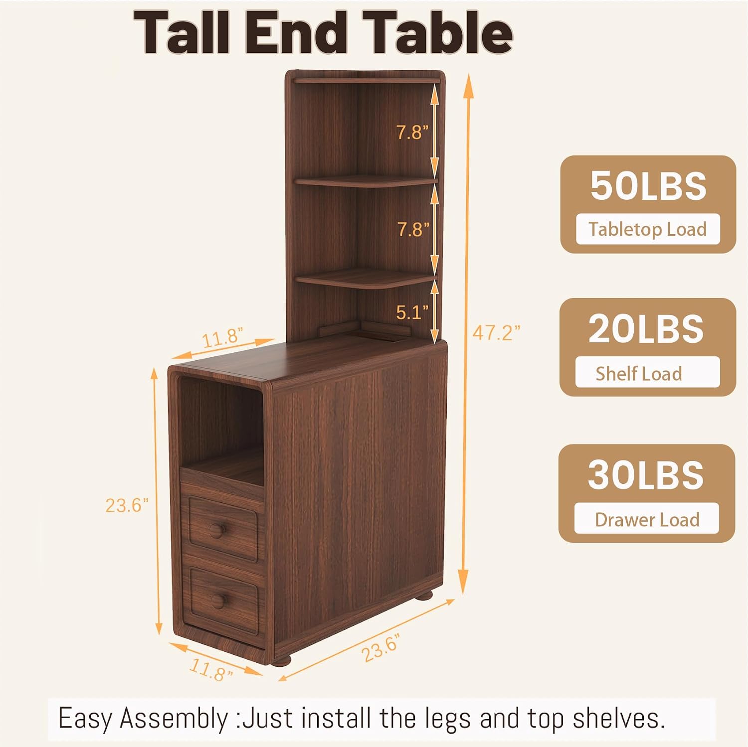 47.2' Tall Nightstand with Charging Station, Wood Tall End Table with Storage Drawers and Open Bookshelves, Narrow Sofa Table Corner Side Table for Small Spaces, Living Room, Bedroom, Walnut