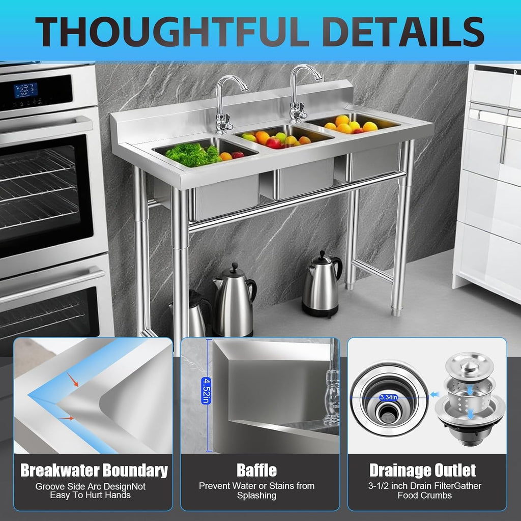 3 Compartment Stainless Steel Sink, 39'' × 18'' × 36'' Commercial Utility Sink, Free Standing Three Bowl Kitchen Sink Set with 2 Faucets Hot & Cold Water Pipes for Food Truck, Bar, Restaurant
