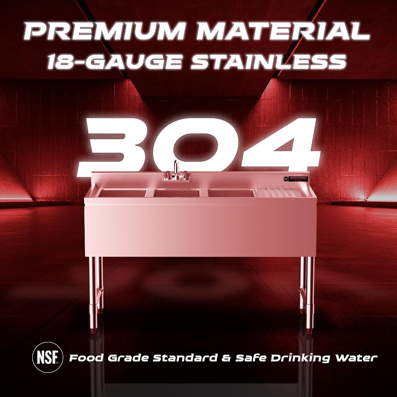 DuraSteel 3 Compartment Under Bar Sink - CEC & NSF 304 Stainless Steel 3 Bay Utility Sink with No Lead Faucet - 48' L x 19' W x 33' H - Right Drainboard Commercial Restaurant Grade