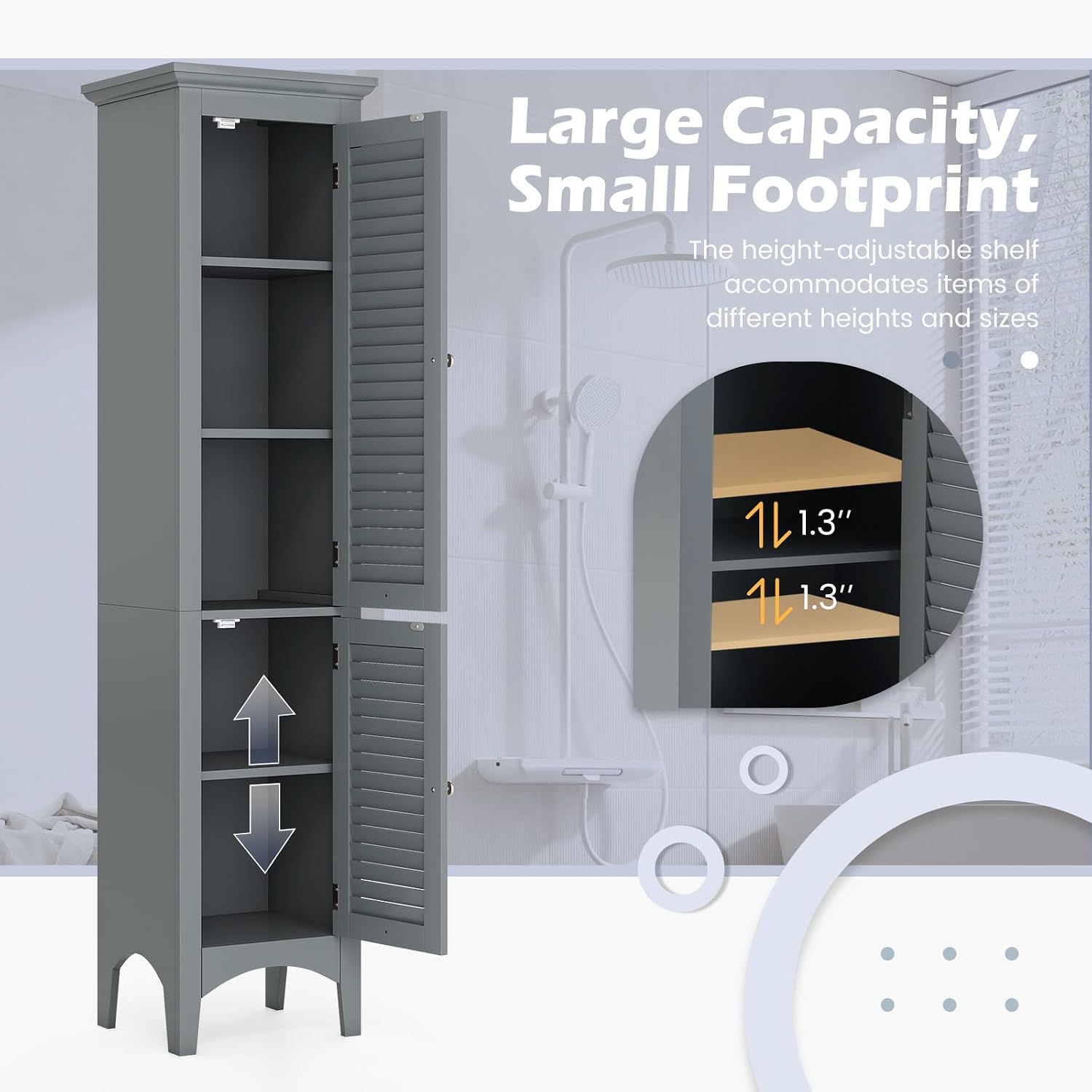Tangkula 63' Tall Bathroom Storage Cabinet, Freestanding Narrow Linen Tower with Adjustable Shelf, Modern Slim Floor Cabinet with 2 Doors for Bathroom, Living Room, Kitchen (Grey)