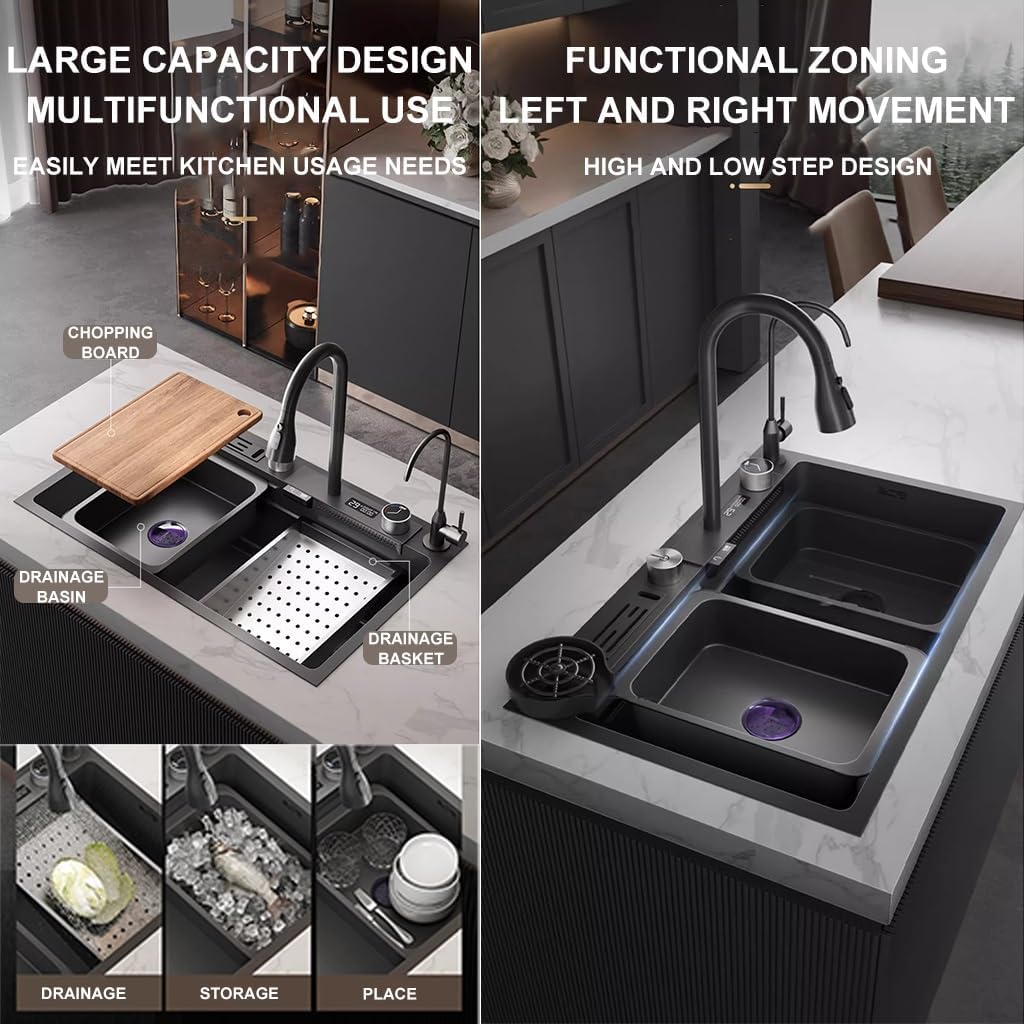 Waterfall Sink Stainless Steel Single-Bowl Kitchen Workstation Sink with Black-Grey Finish Waterfall Pull-Down Faucet and Complete Accessory Set (Color : Black, Size : 75x45x21cm) (Black 75x45x21