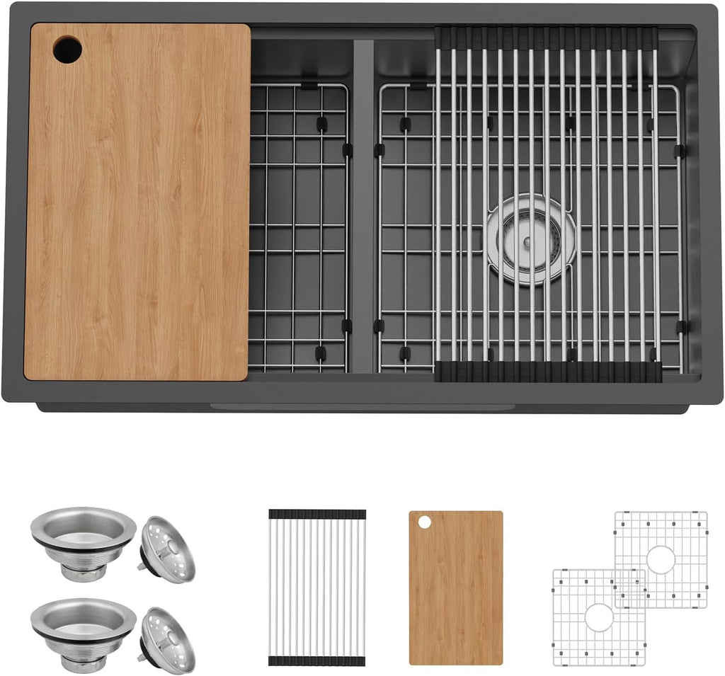 Black 33'x19' Kitchen Sink Workstation - 50/50 Double Bowl Stainless Steel Undermount Kitchen Sink Built-in Ledge Drop In Workstation Sink For Placing/Sliding Accessories-Cutting Board,Drying Rack