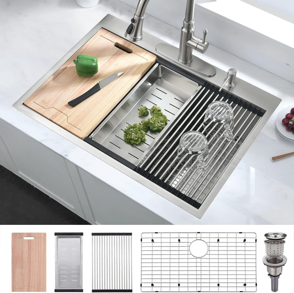 30 Inch Drop In Kitchen Sink, 30x22 Single Bowl Stainless Steel Kitchen Sink Drop in Workstation 16 Gauge Handmade with Cutting Board