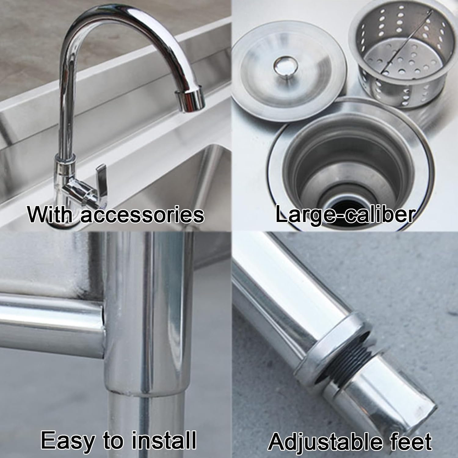 Triple-bowl Design Stainless Steel Sink Includes Accessories Beam-Reinforced Outdoor Sinks with Backrest H80cm (31.5') X-Flow Adjustable Feet Large Opening