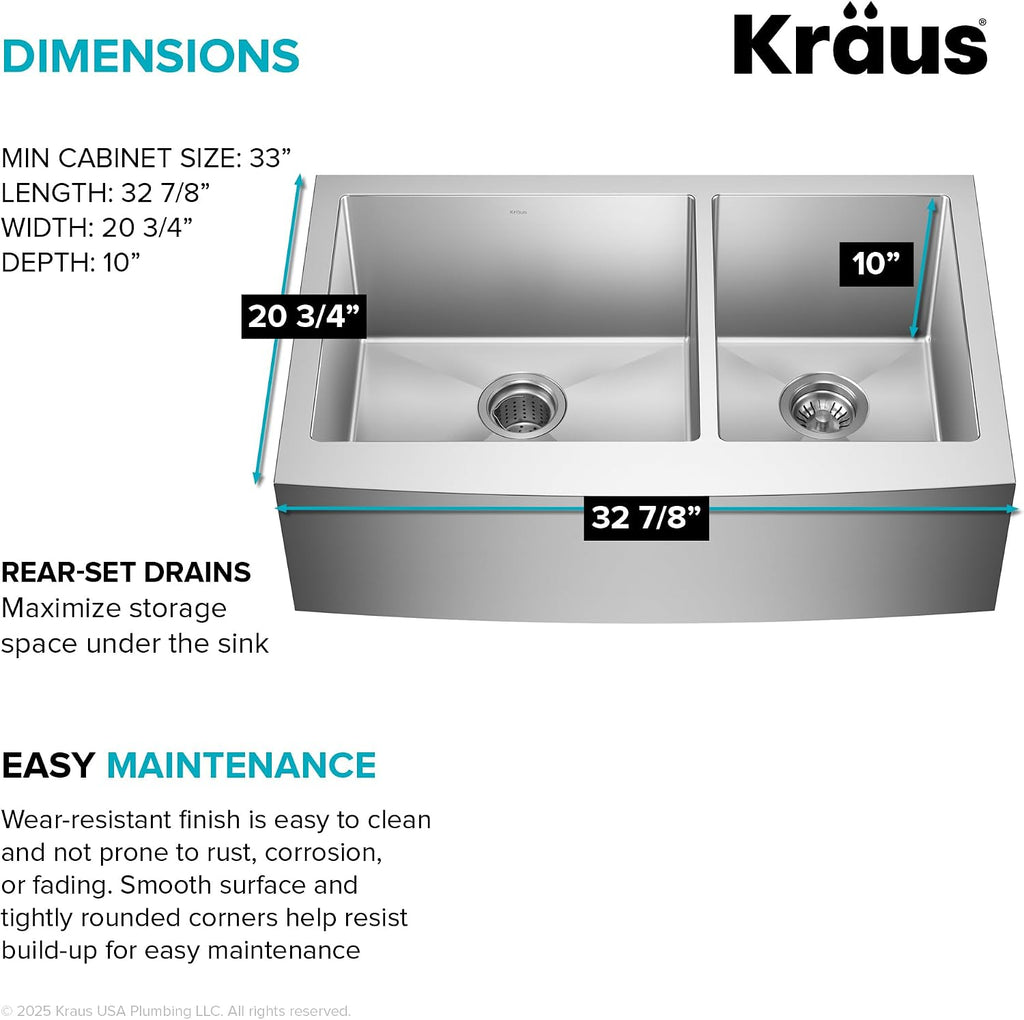 KRAUS Standart Pro 33-Inch Apron Front Farmhouse 16-Gauge 60/40 Double Bowl Stainless Steel Kitchen Sink, KHF203-33