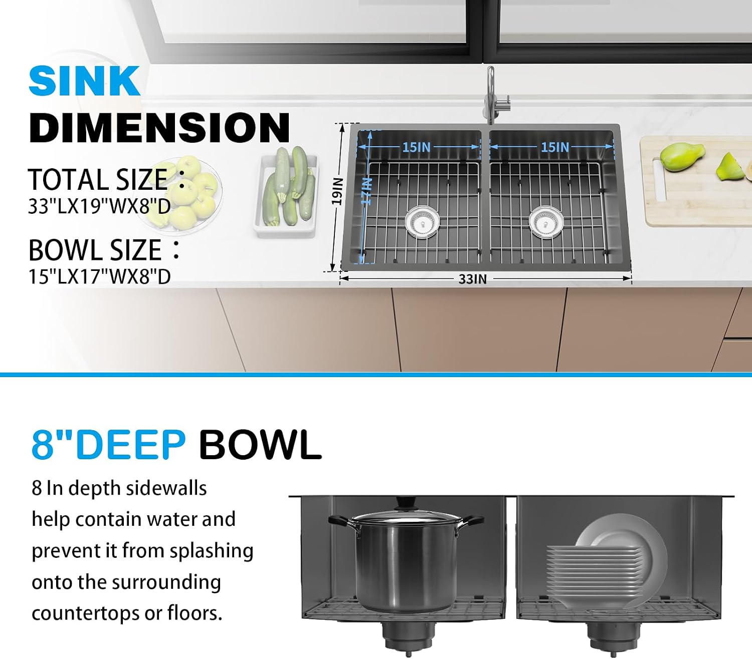 Black Kitchen Sink, 50/50 Double Bowl 33x19x8 Inch Undermount Stainless Steel Drop In Large Kitchen Sink Combo-Stainless Grid, Silicon Mat, Installation Clips For Modern SS Stylish Kitchen&Bar