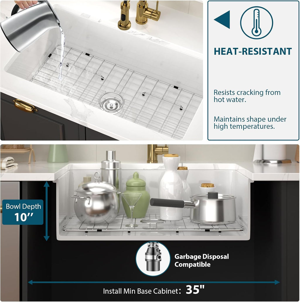 32 White Undermount Kitchen Sink Porcelain 32x19x10 Inch Dual Mount White Single Bowl Ceramic Kitchen Sink - Brushed Drain Strainer