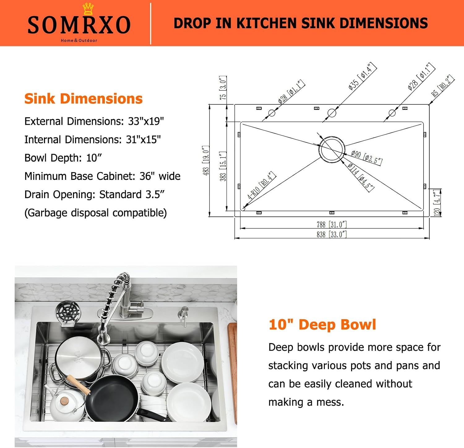 33x19 Inch Drop in Kitchen Sink with Faucet Combo - Stainless Steel 10 Inch Deep Single Bowl Top Mount Kitchen Sink with Cup Washer