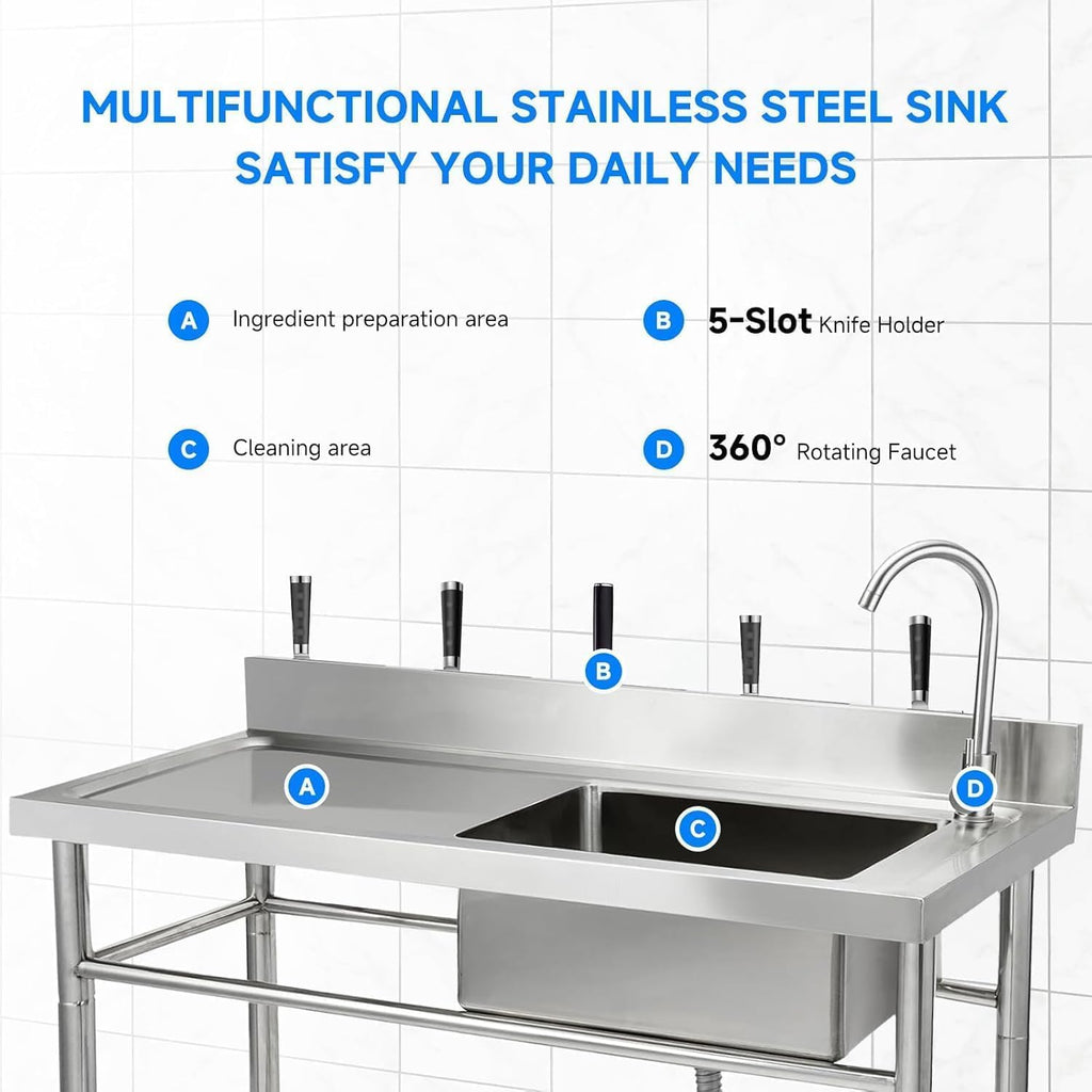 47x20x37 Inch Commercial Stainless Steel Utility basin - Single Compartment with Faucet & Base Frame, Adjustable Legs & Storage Shelf, Freestanding Prep basin for Kitchen or Garage